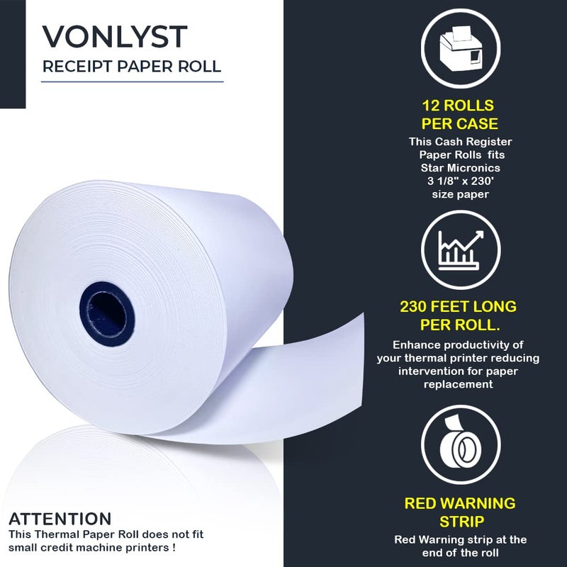Vonlyst Receipt Paper Roll 3 1/8 x 230 for Square Register and Square POS System connected to Star Micronics Thermal Printer (Pack 12 rolls) - Image 4